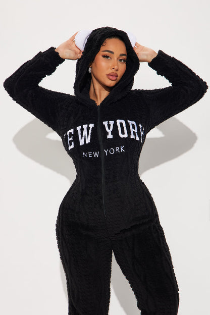New York Plush Hooded PJ Jumpsuit Onesie - Black