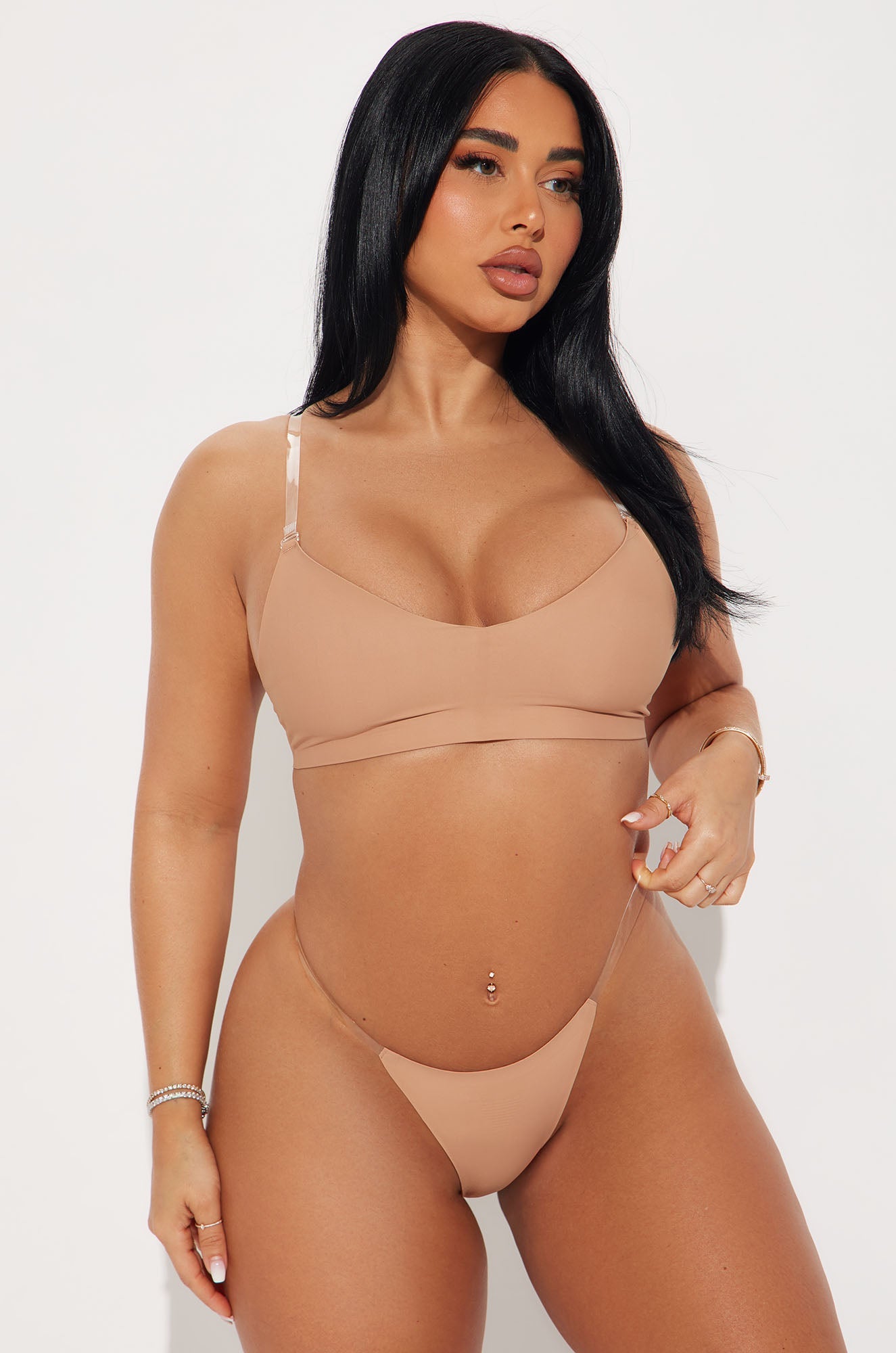 No Show Microfiber Clear Strap Thong - Nude