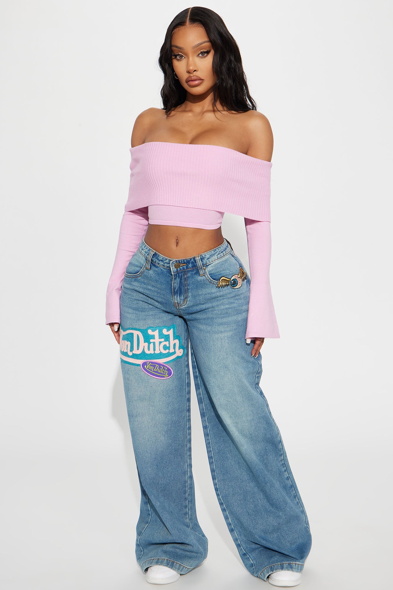 Von Dutch Patchwork Mid Rise Wide Leg Jeans - Medium Wash