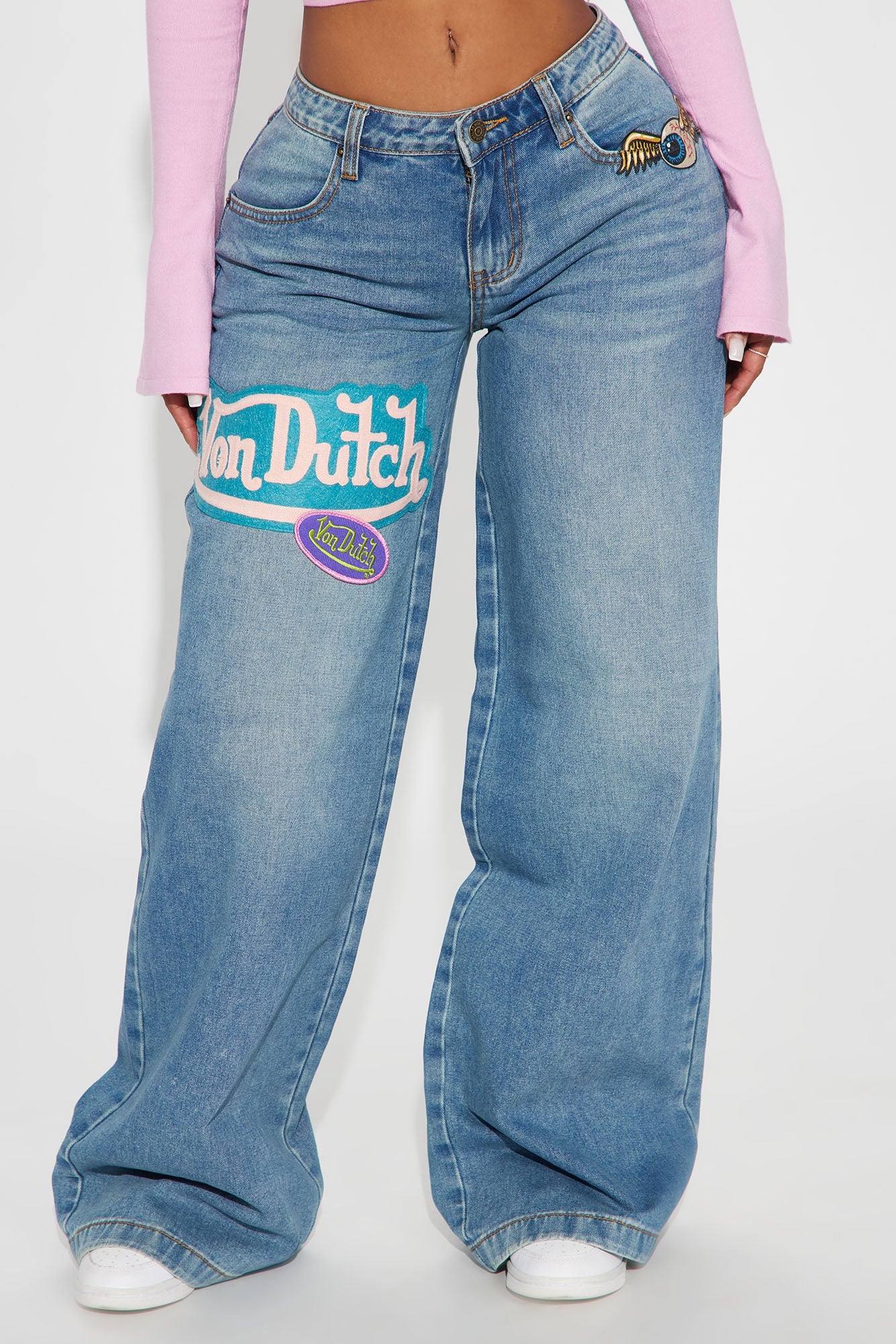 Von Dutch Patchwork Mid Rise Wide Leg Jeans - Medium Wash