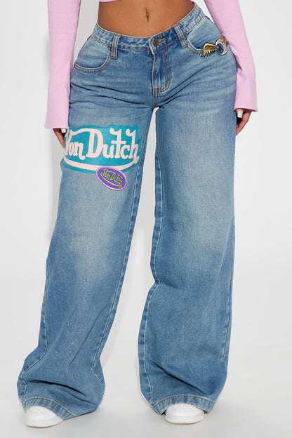 Von Dutch Patchwork Mid Rise Wide Leg Jeans - Medium Wash