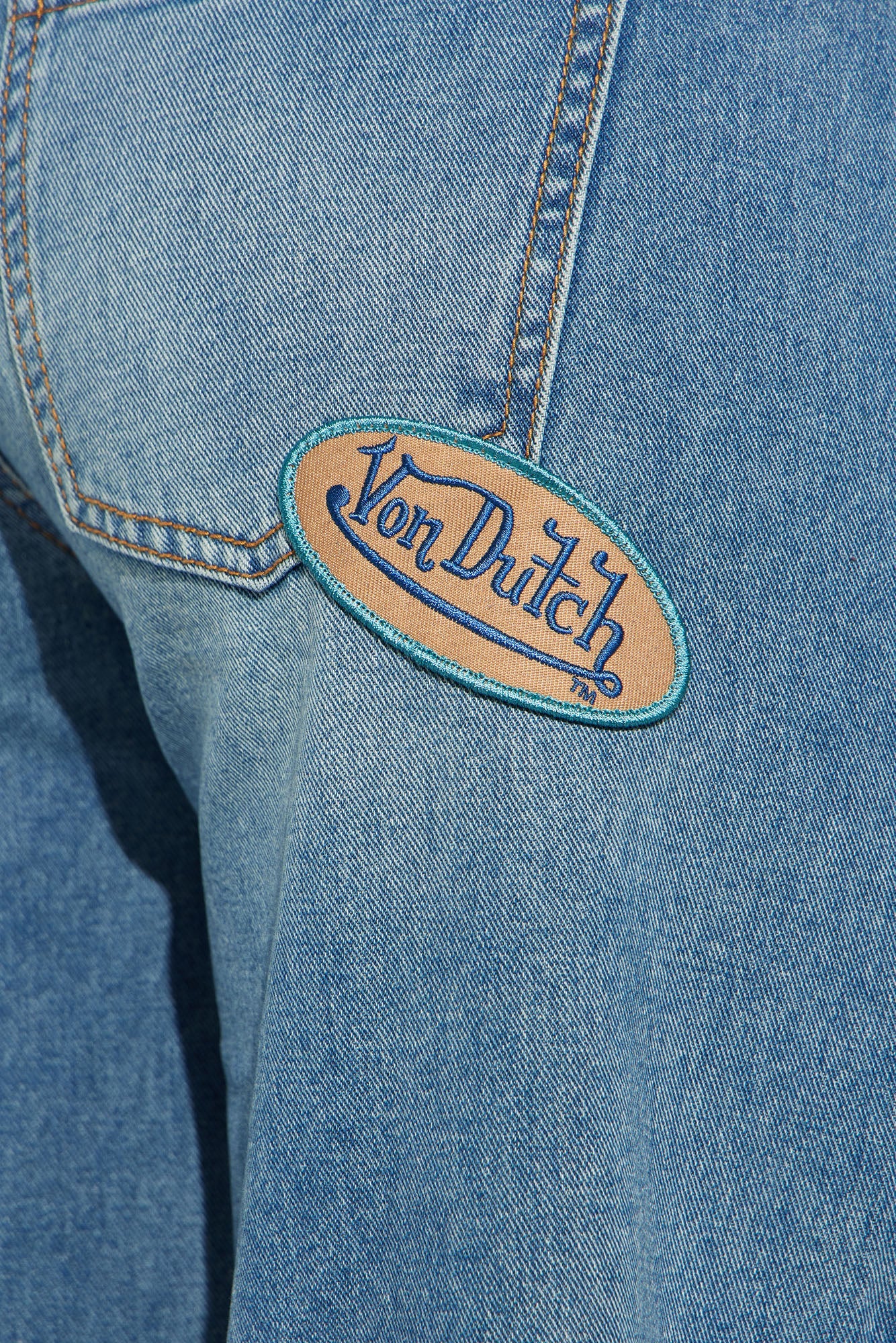 Von Dutch Patchwork Mid Rise Wide Leg Jeans - Medium Wash