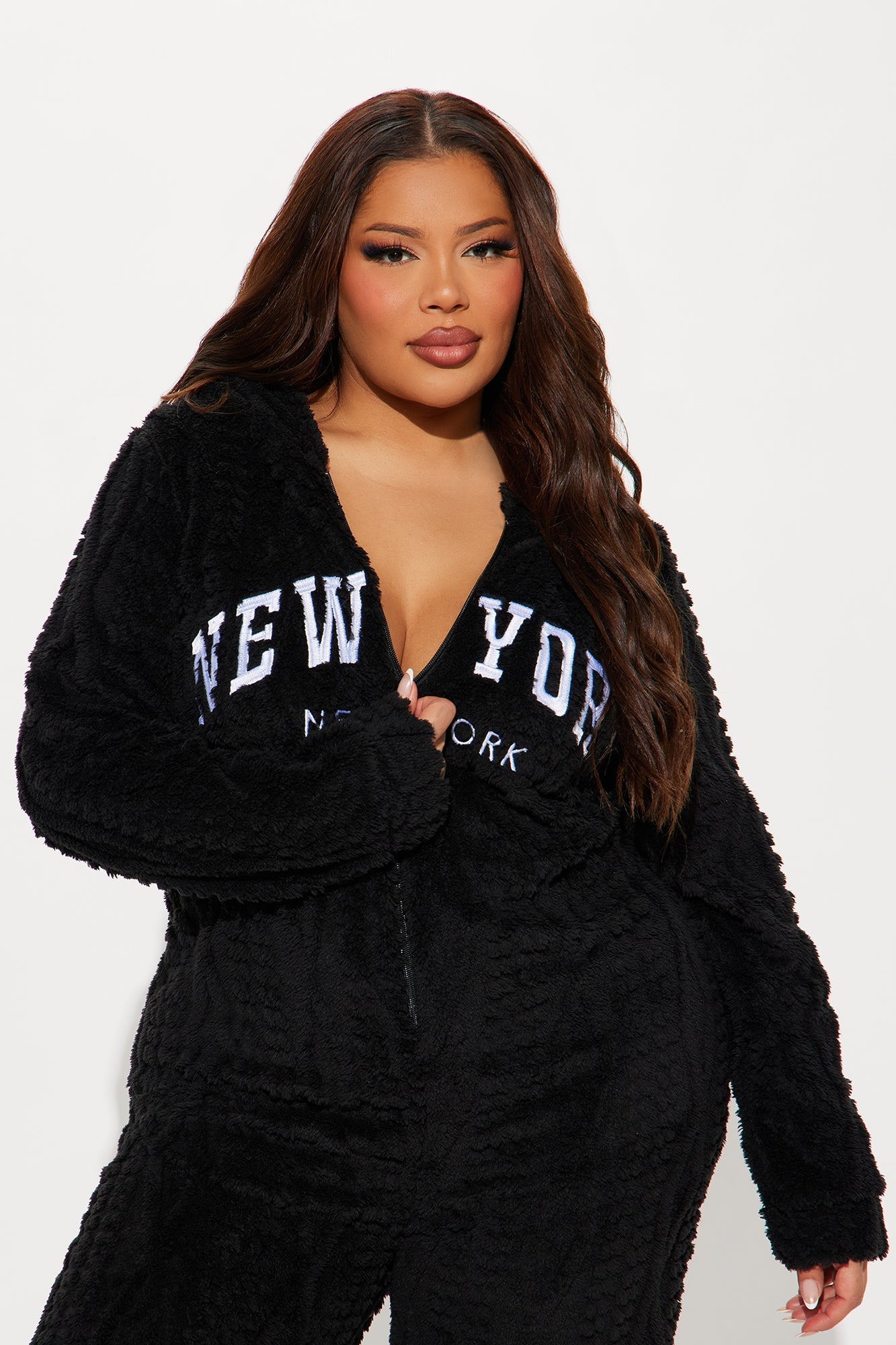 New York Plush Hooded PJ Jumpsuit Onesie - Black