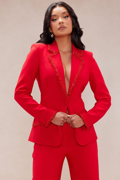 Sweetest Touch Beaded Trim Suit Set - Red