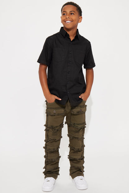 Mini One Of Them Rip And Repair Stacked Flare Denim Jean - Dark Olive