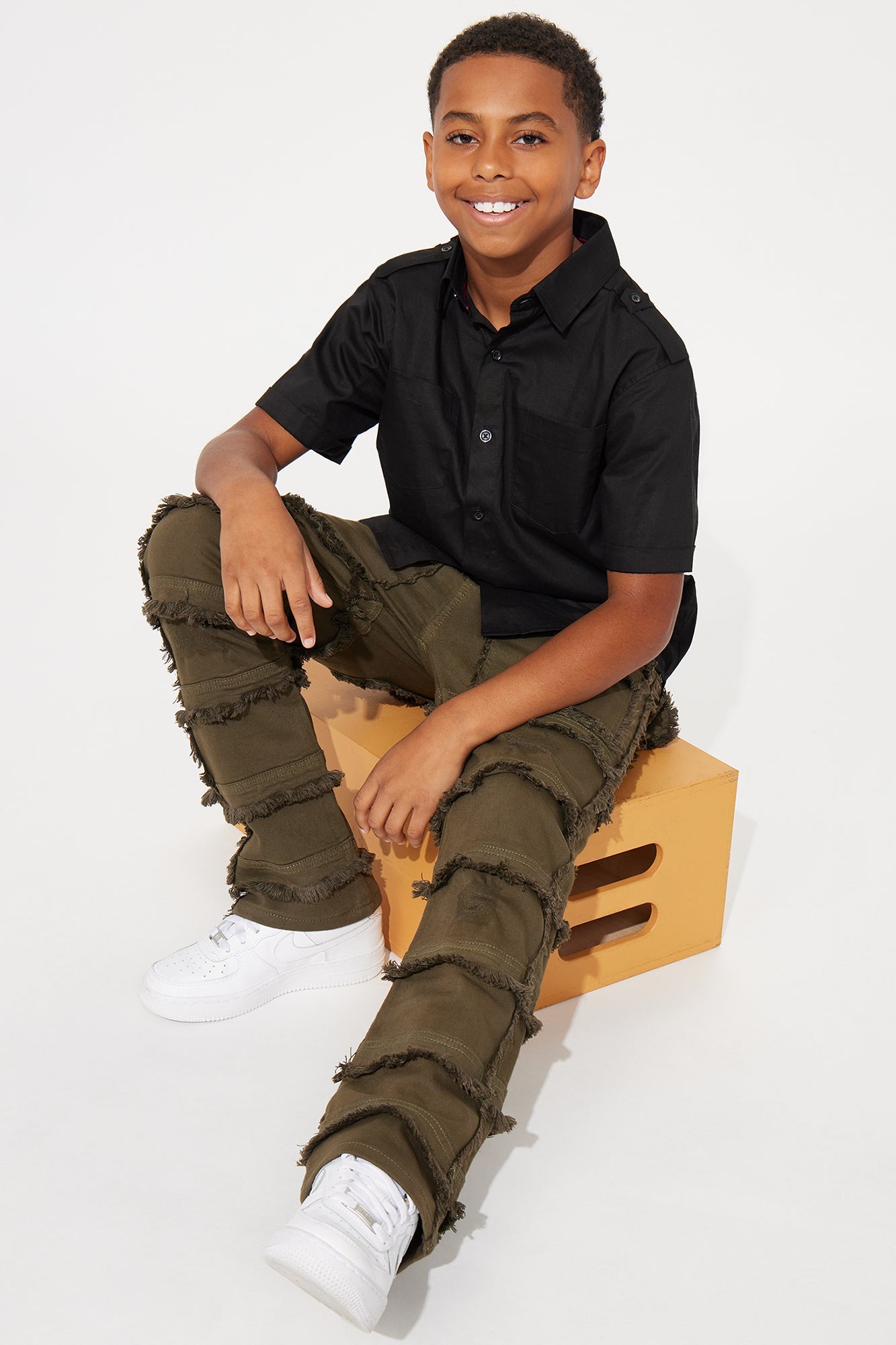 Mini One Of Them Rip And Repair Stacked Flare Denim Jean - Dark Olive