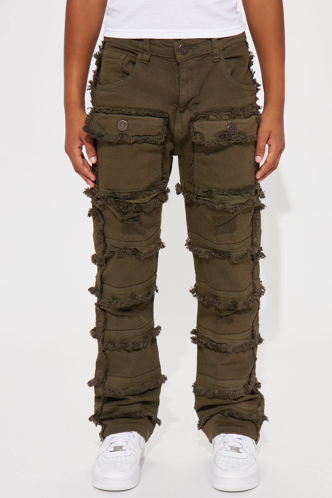 Mini One Of Them Rip And Repair Stacked Flare Denim Jean - Dark Olive