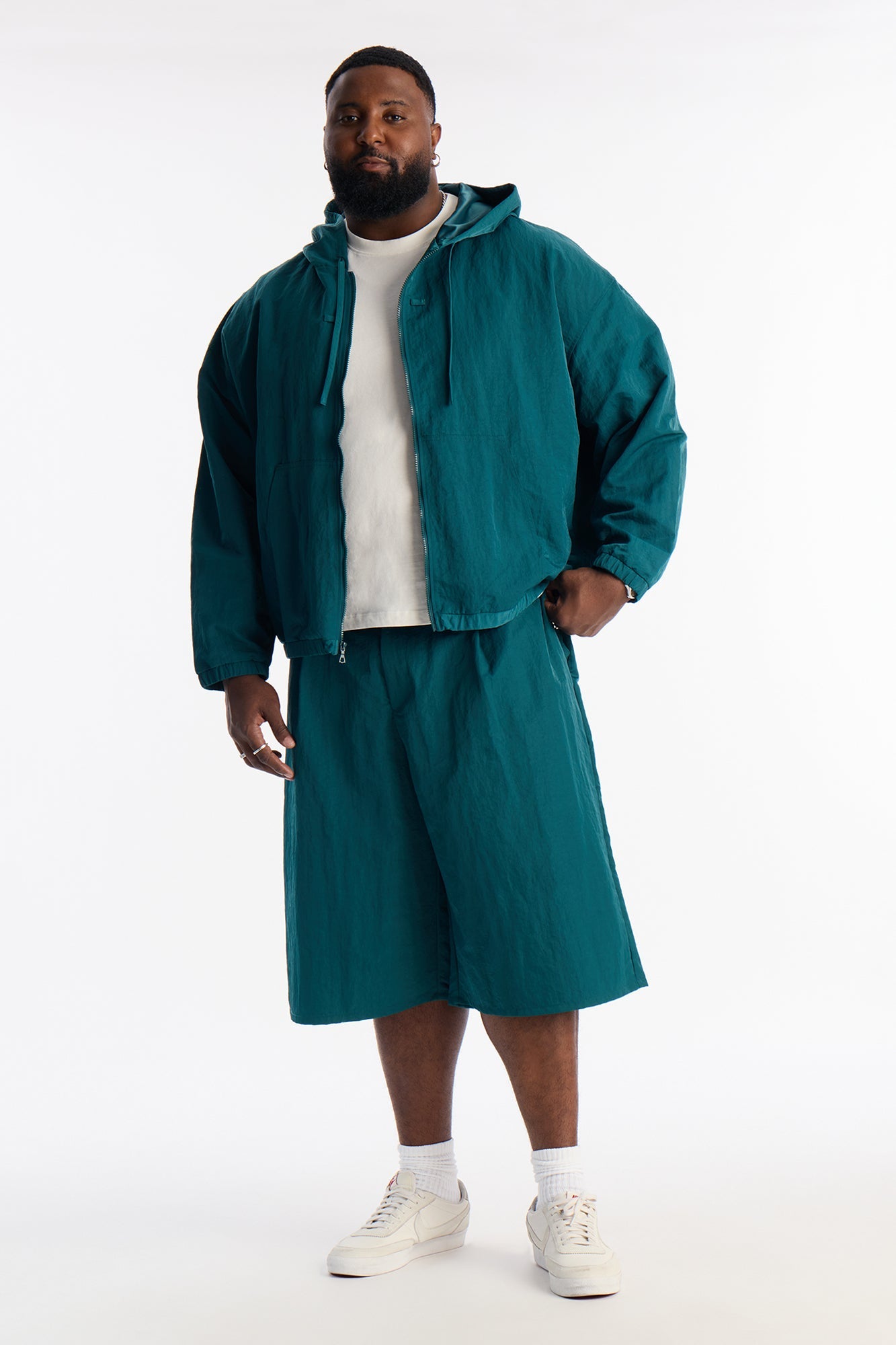 Cropped Hooded Tech Jacket - Teal