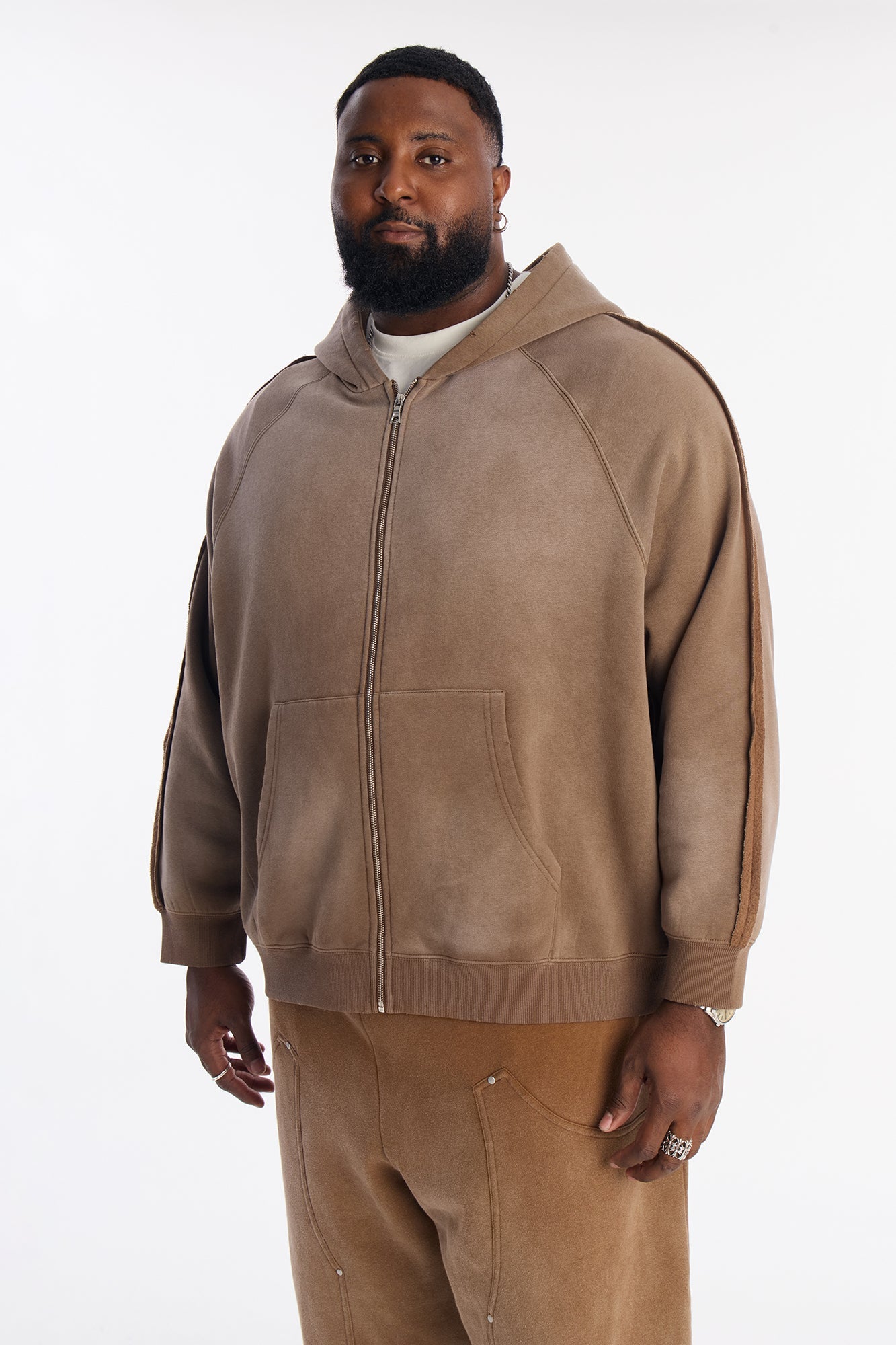 Extra Raw Faded Distressed Zip Up Hoodie - Brown