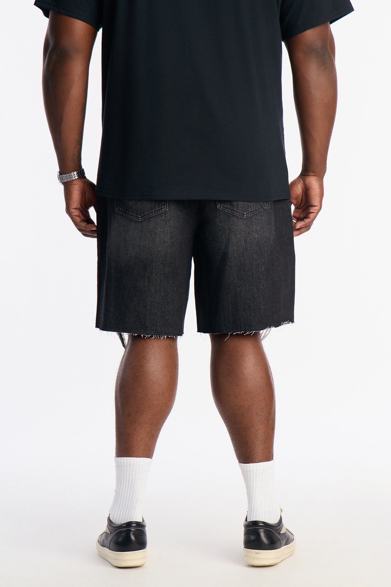 Relaxed Raw Hem Distressed Denim Shorts - Black Wash