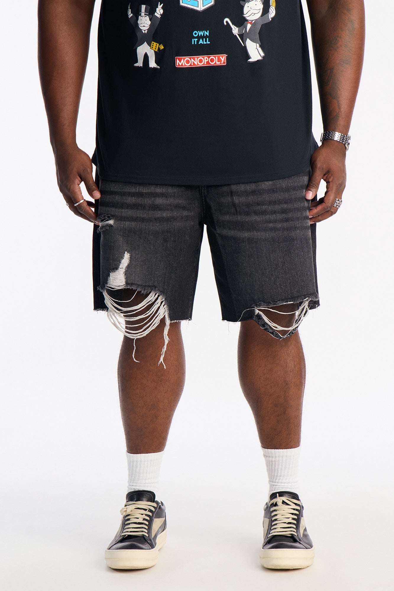 Relaxed Raw Hem Distressed Denim Shorts - Black Wash
