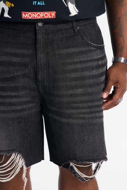 Relaxed Raw Hem Distressed Denim Shorts - Black Wash