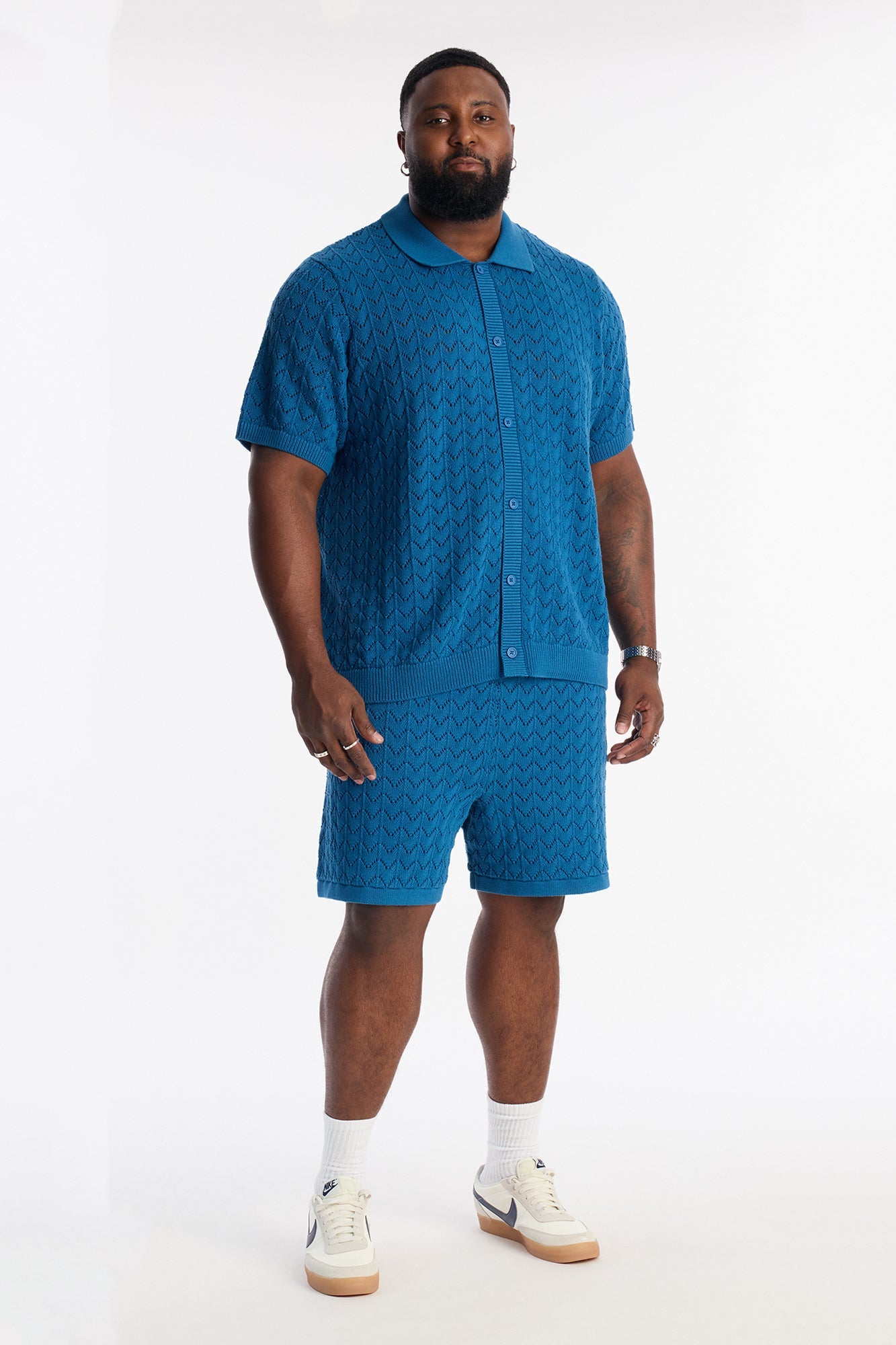 Waterfall Texture Open Knit Shirt - Slate Blue