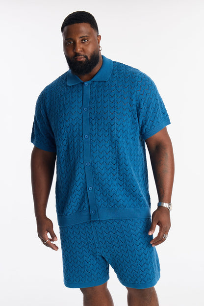 Waterfall Texture Open Knit Shirt - Slate Blue