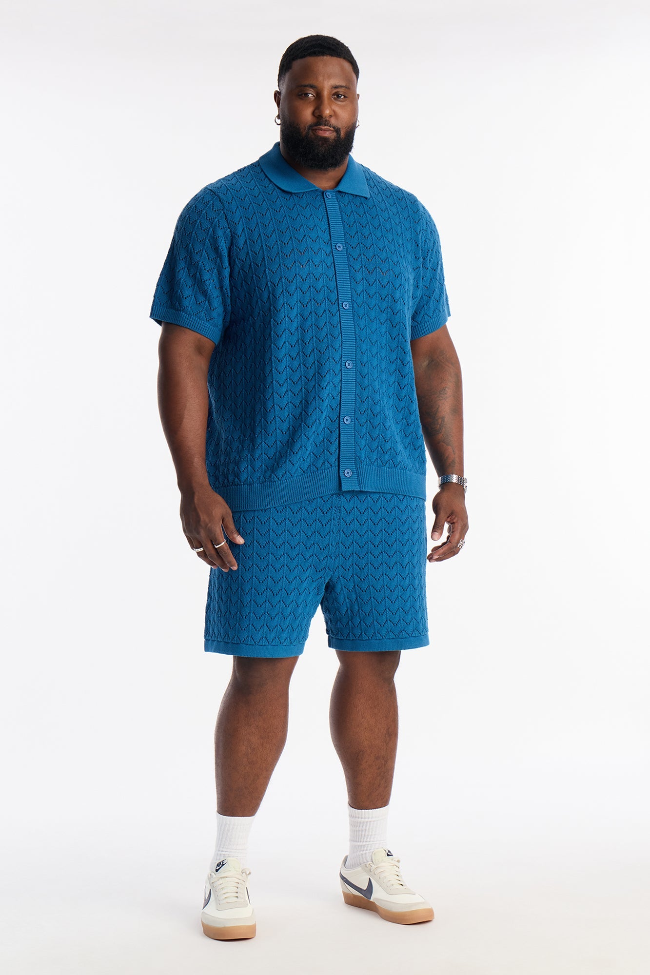 Waterfall Texture Open Knit Shorts - Slate Blue