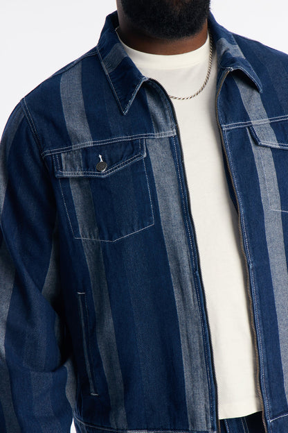 Two Tone Stripe Denim Work Jacket - Dark Wash