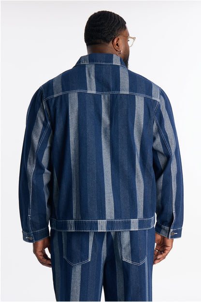 Two Tone Stripe Denim Work Jacket - Dark Wash