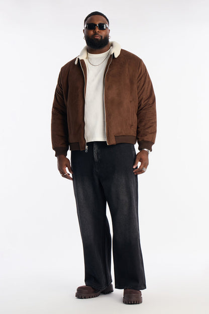 Padded Faux Suede Sherpa Collar Jacket - Brown