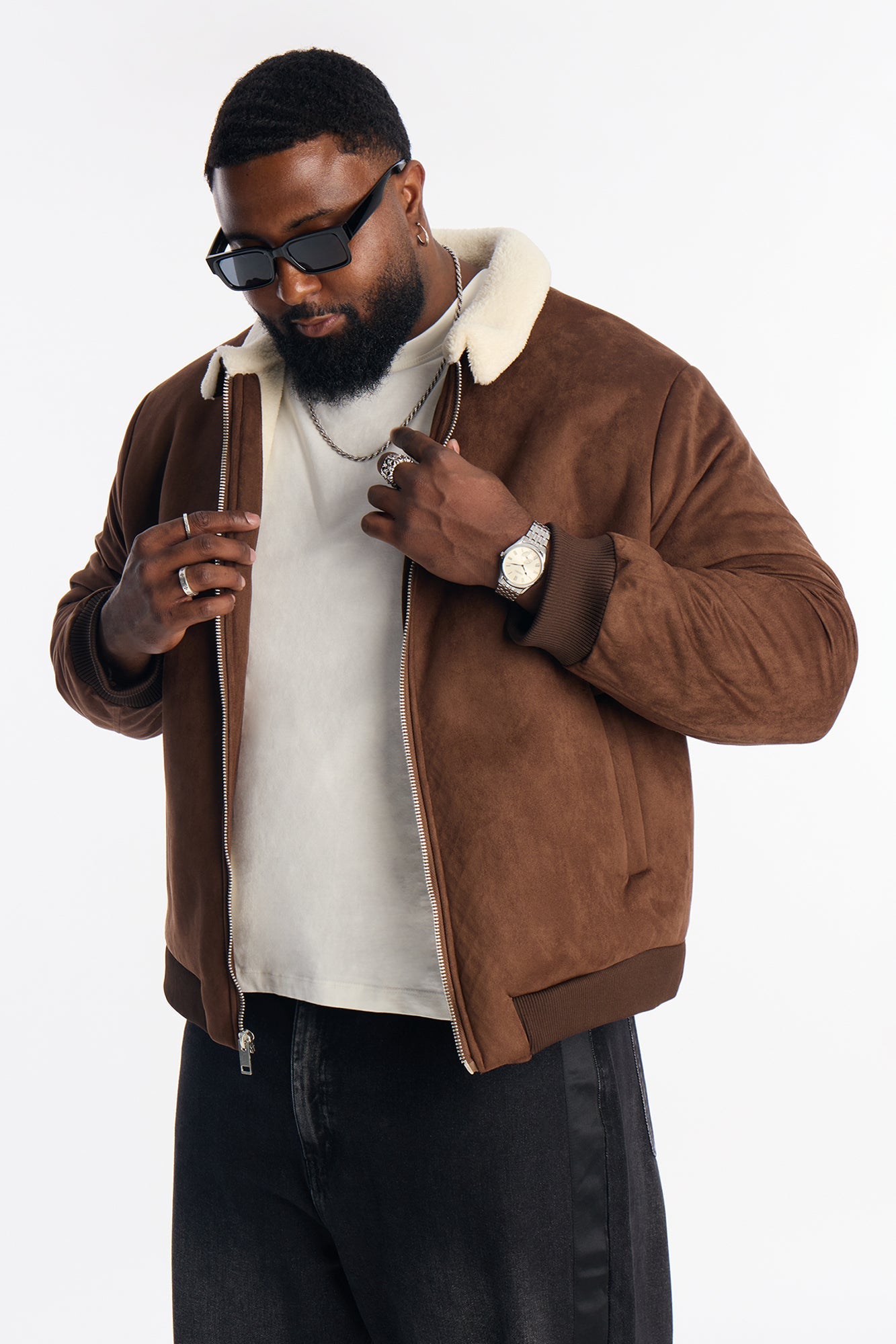 Padded Faux Suede Sherpa Collar Jacket - Brown