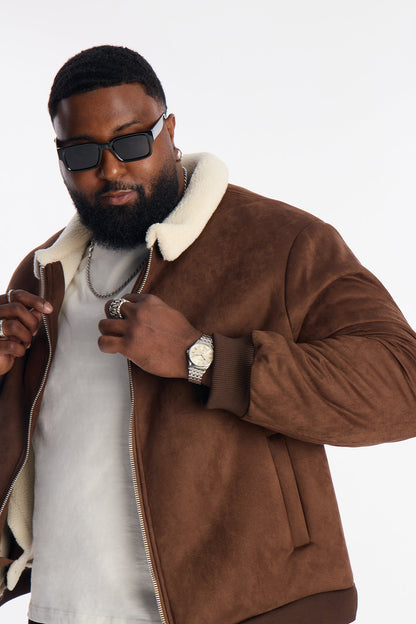 Padded Faux Suede Sherpa Collar Jacket - Brown