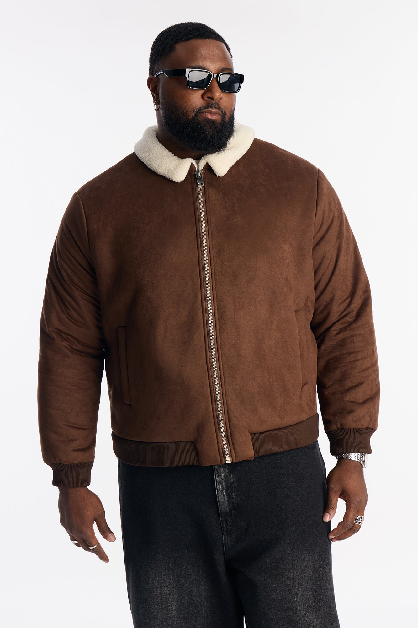 Padded Faux Suede Sherpa Collar Jacket - Brown