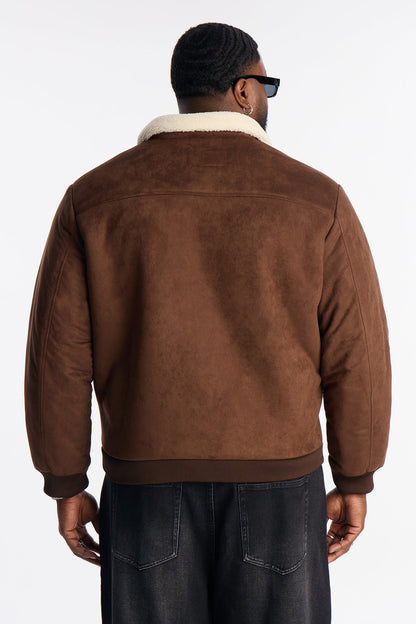 Padded Faux Suede Sherpa Collar Jacket - Brown