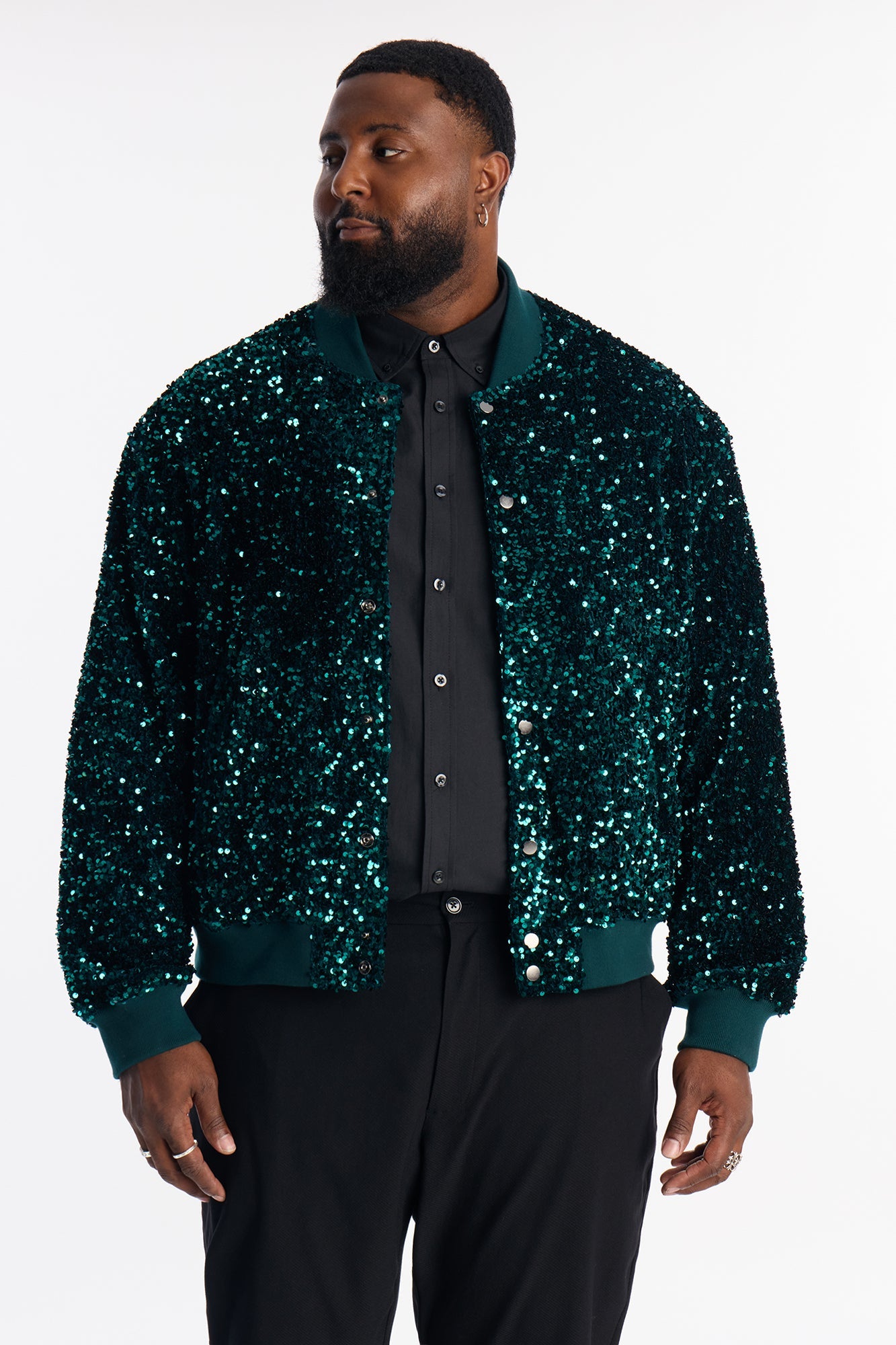 Textured Blinged Out Sequin Bomber Jacket - Green