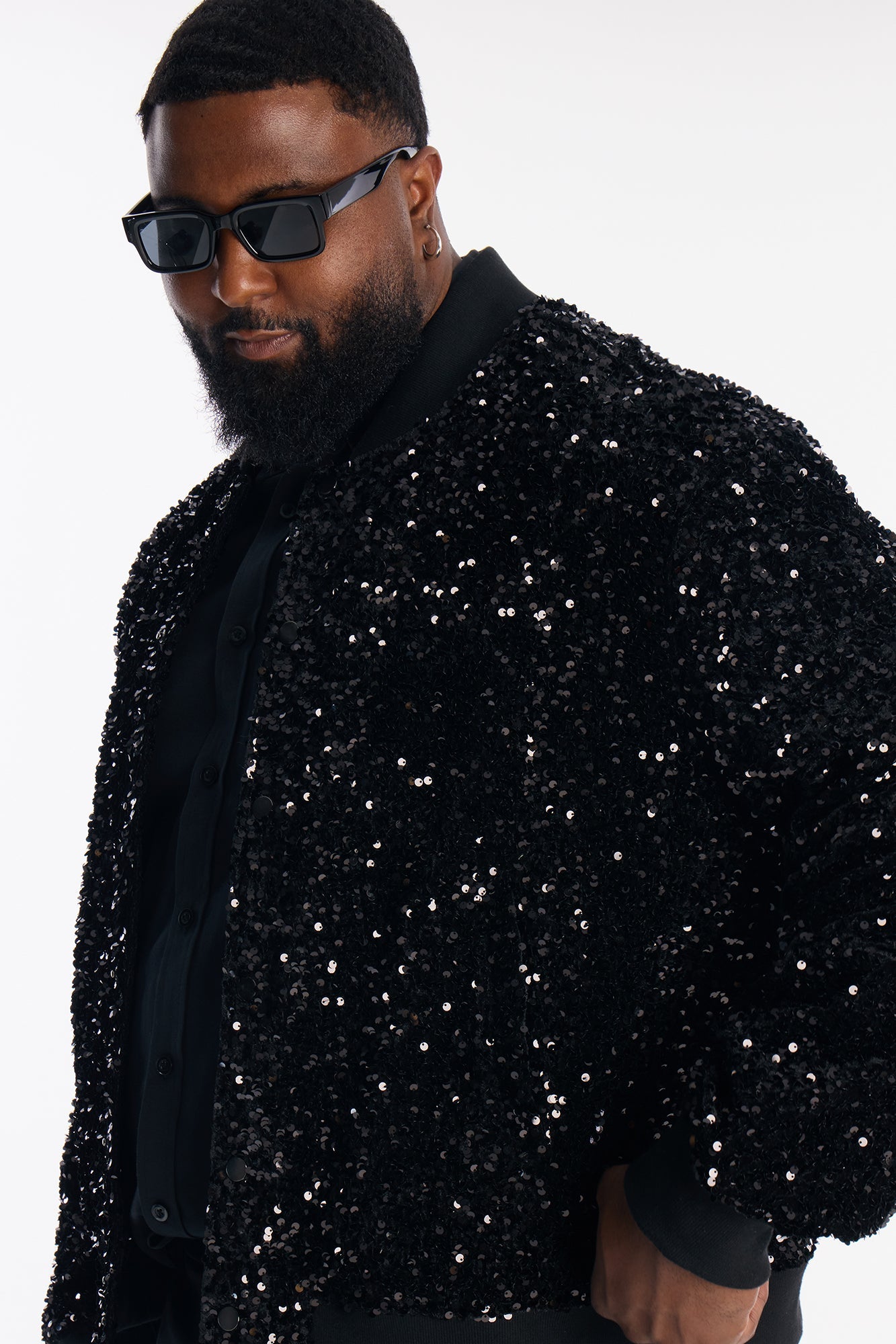 Textured Blinged Out Sequin Bomber Jacket - Black