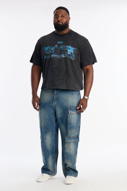 Oversized Batman Over Gotham Short Sleeve Fleece Tee - Black Wash