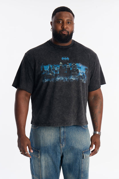 Oversized Batman Over Gotham Short Sleeve Fleece Tee - Black Wash