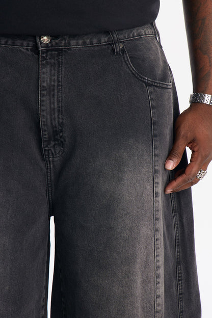 Super Baggy Paneled Down Denim Short - Black Wash