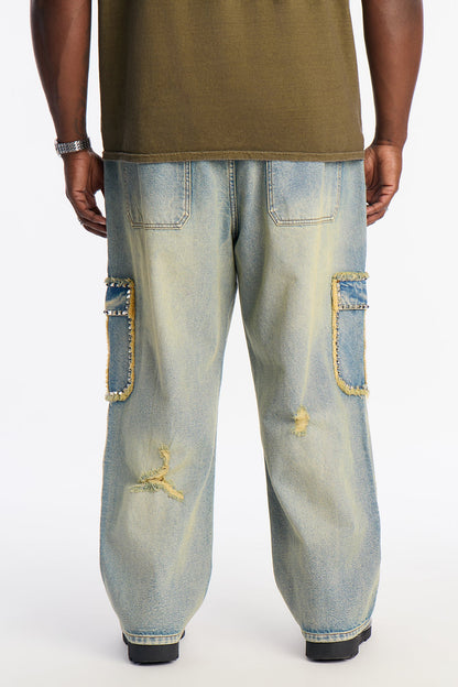 Baggy Studded Way Cargo Jean - Vintage Wash