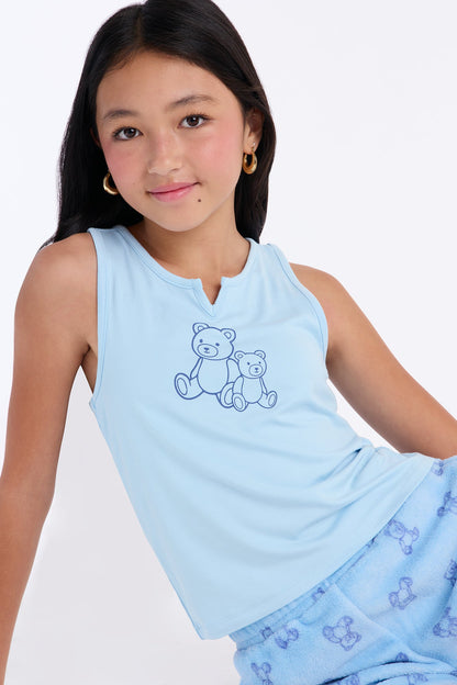 Mini Teddy Bear Dreaming Tank Plush Short Set - Light Blue
