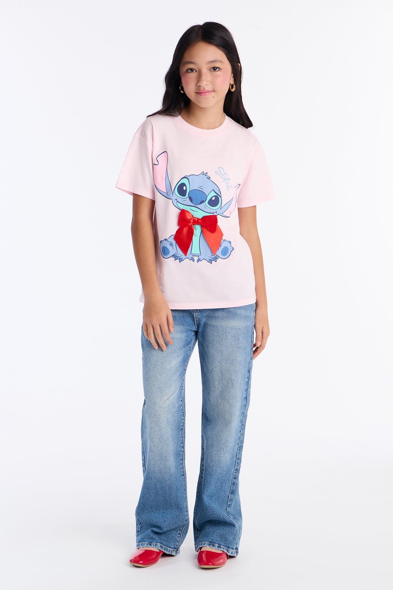 Mini Stitch With Red Bow Tee - Pink