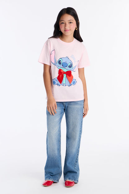 Mini Stitch With Red Bow Tee - Pink