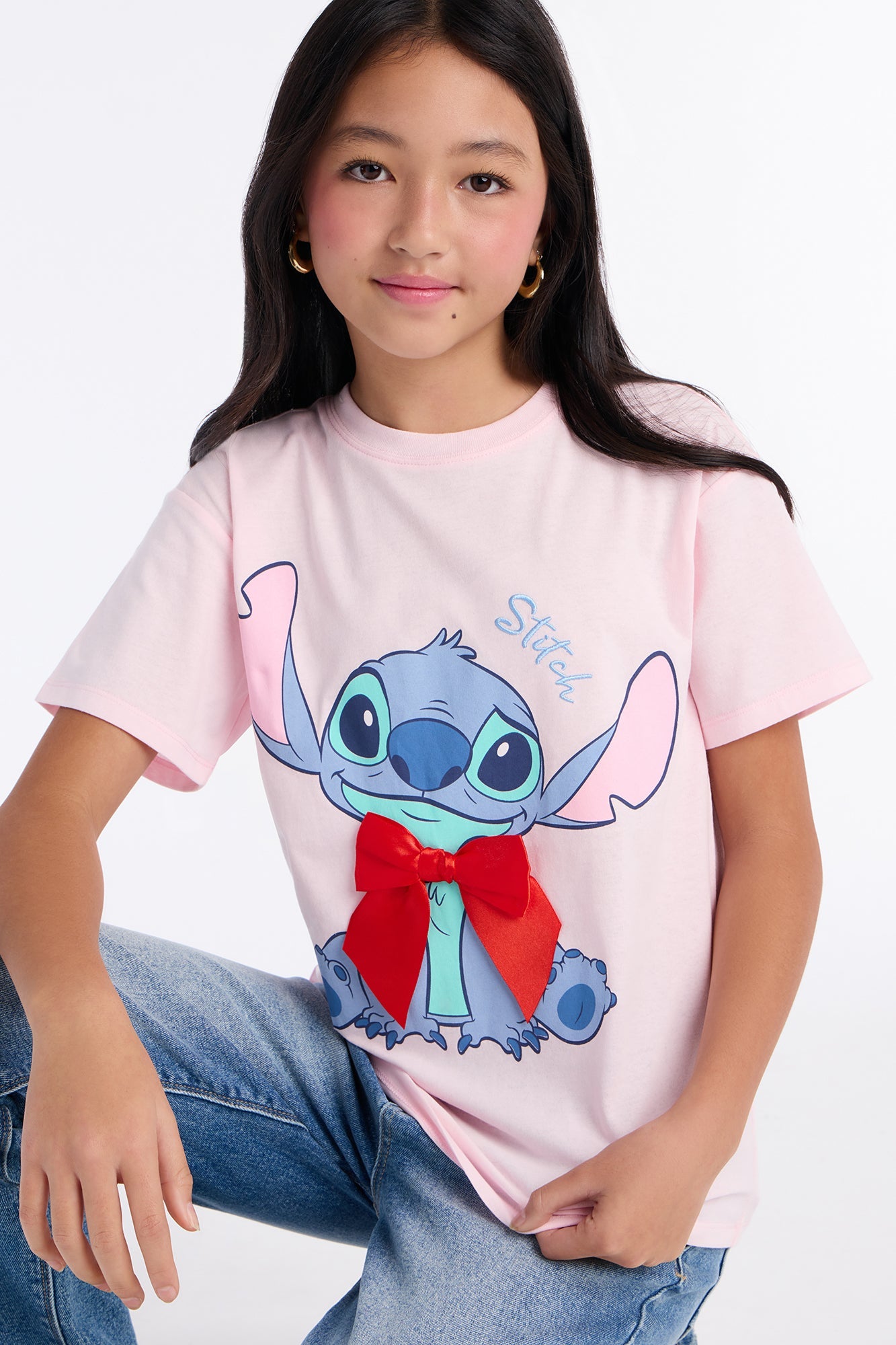 Mini Stitch With Red Bow Tee - Pink