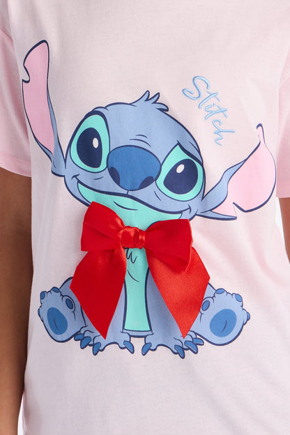 Mini Stitch With Red Bow Tee - Pink