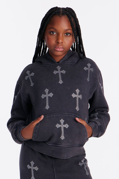 Mini Sunday Rhinestone Washed Hoodie - Black Wash