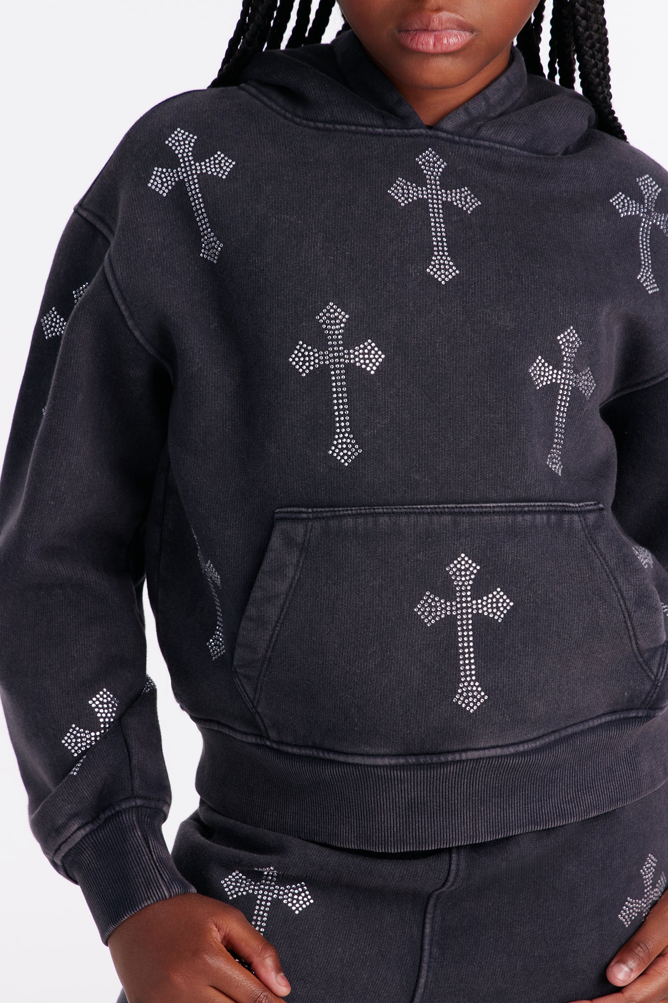 Mini Sunday Rhinestone Washed Hoodie - Black Wash