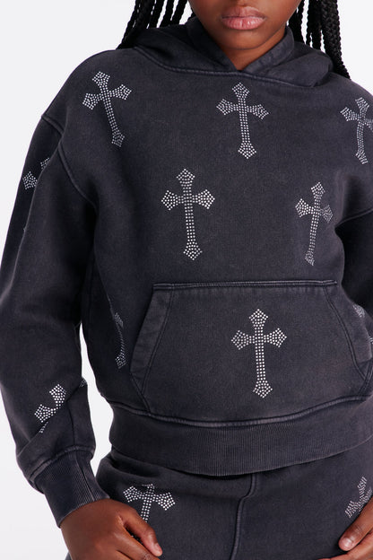 Mini Sunday Rhinestone Washed Hoodie - Black Wash