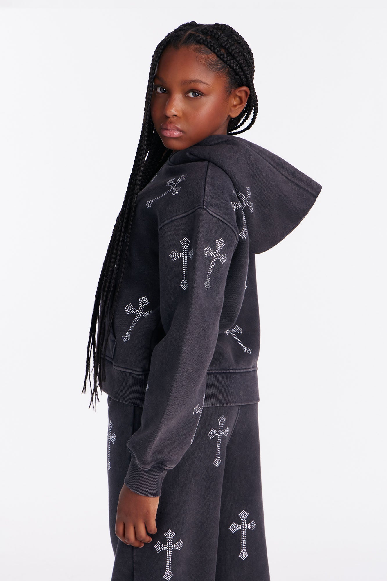 Mini Sunday Rhinestone Washed Hoodie - Black Wash