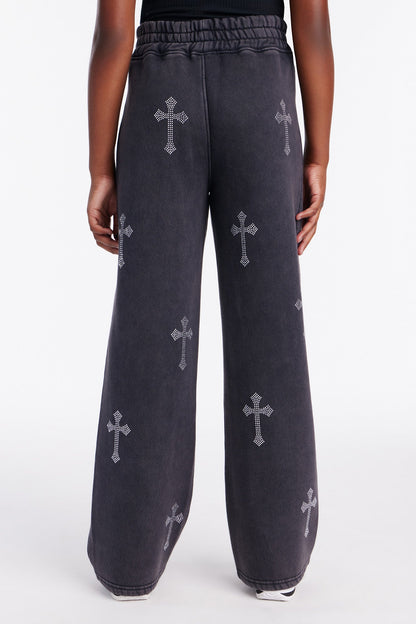 Mini Sunday Rhinestone Washed Wide Leg Pant - Black Wash