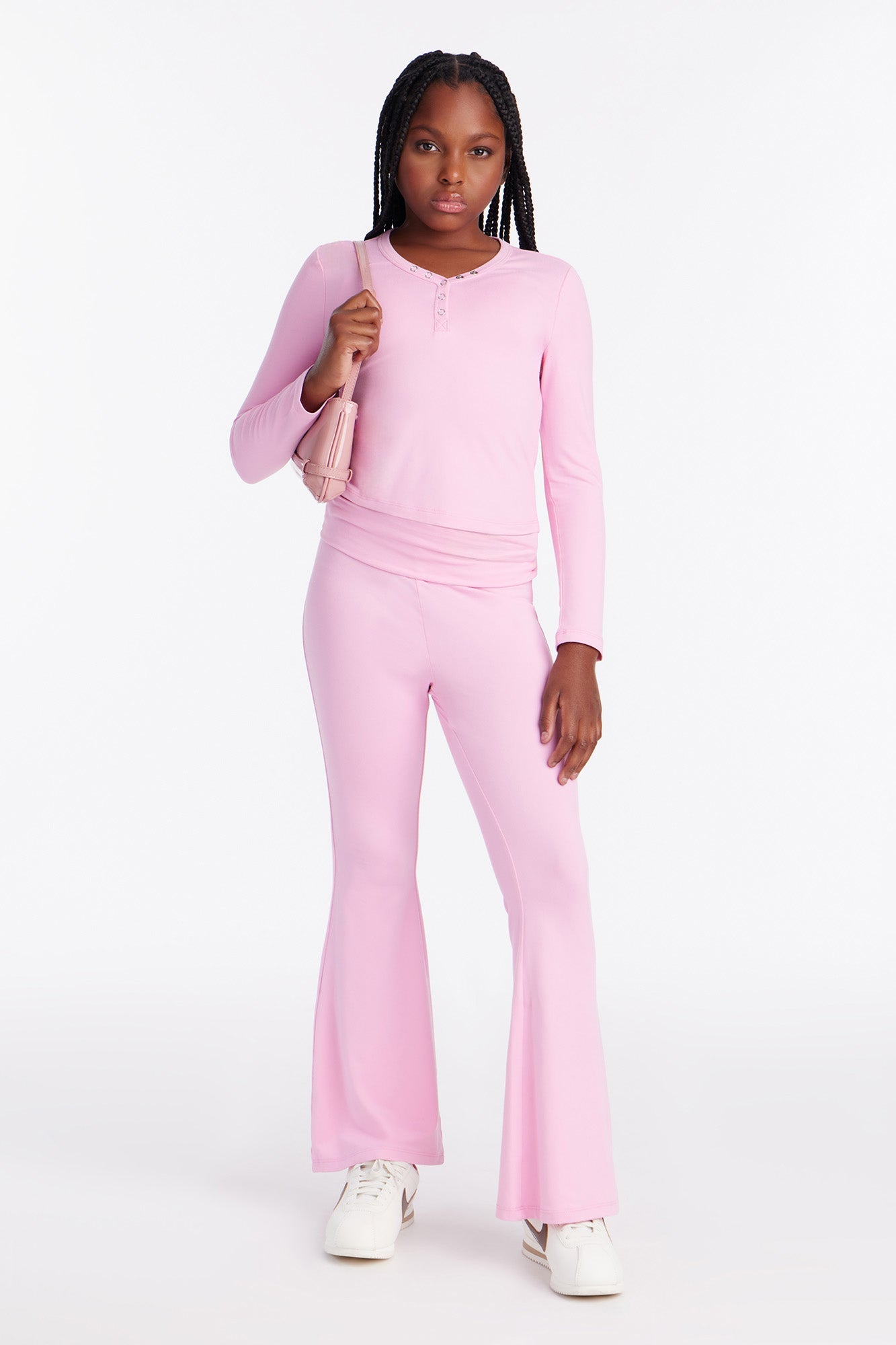 Mini Sleepy Mood Long Sleeve Foldover Flare Leg Pant Set - Pink