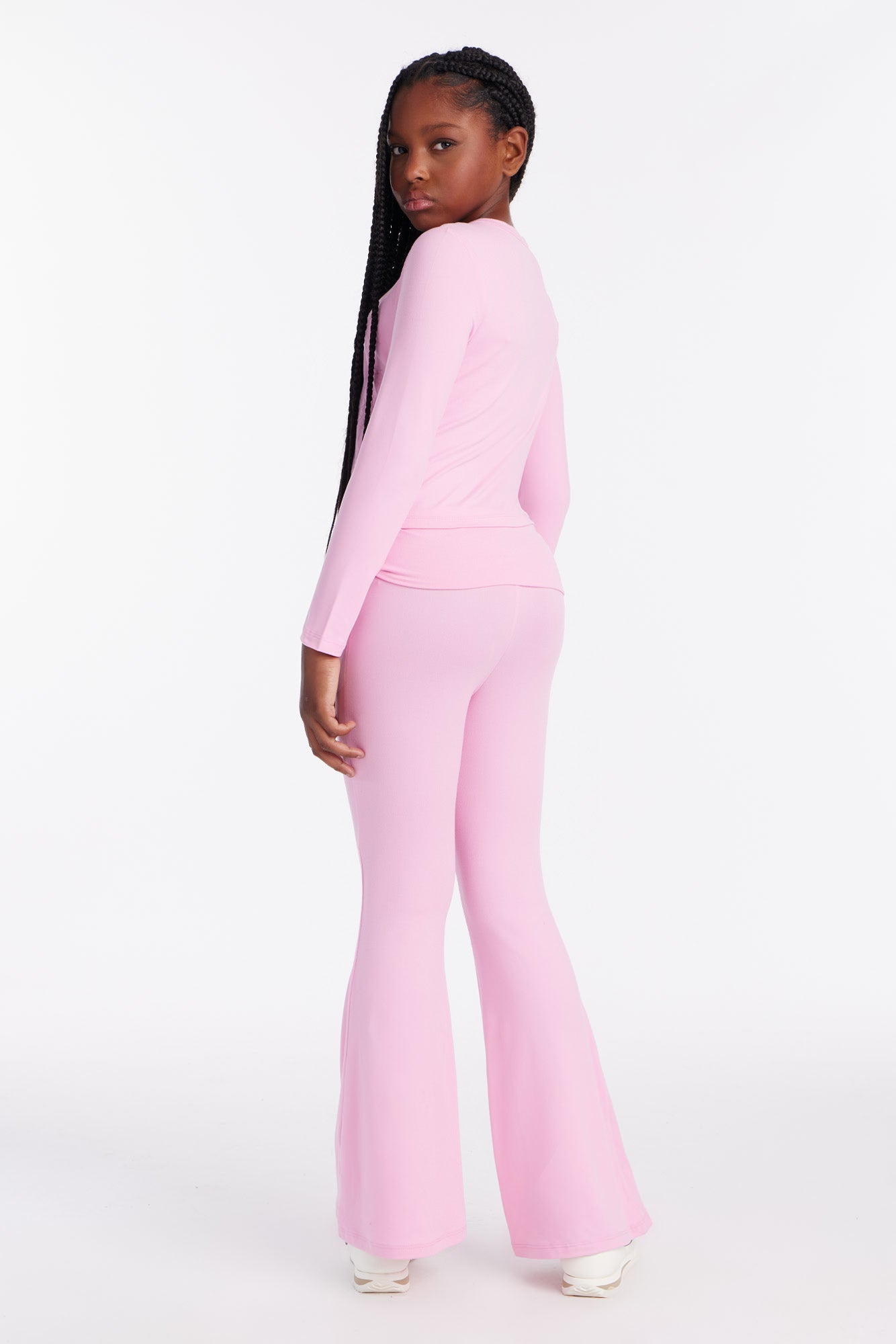 Mini Sleepy Mood Long Sleeve Foldover Flare Leg Pant Set - Pink