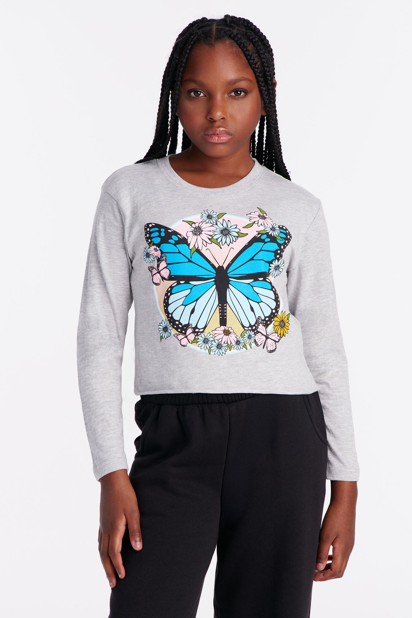 Mini Bold Butterfly Long Sleeve Tee - Heather Grey
