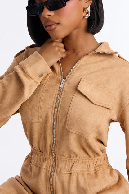 Sofia Suede Long Sleeve Cargo Jogger Jumpsuit - Taupe