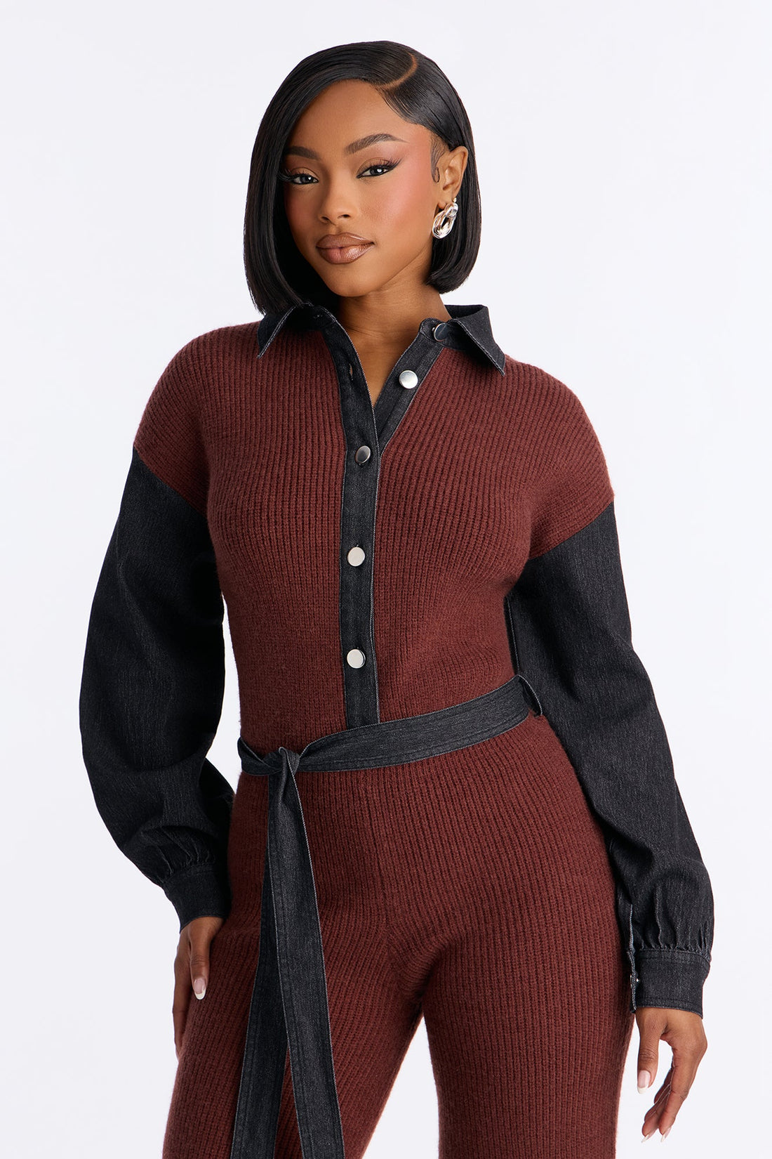 Maria Contrast Trim Collar Sweater Jumpsuit - Brown