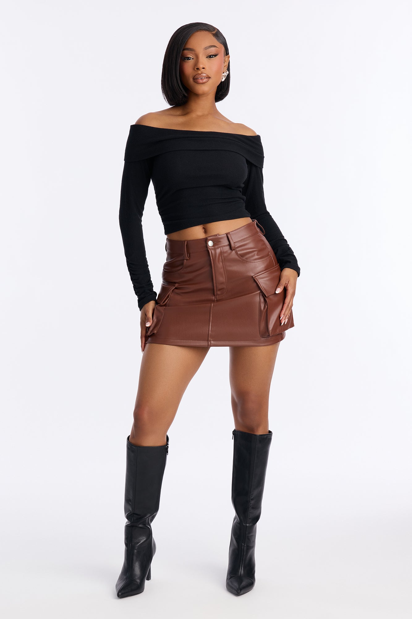 Unmatched Faux Leather Cargo Skirt - Chocolate