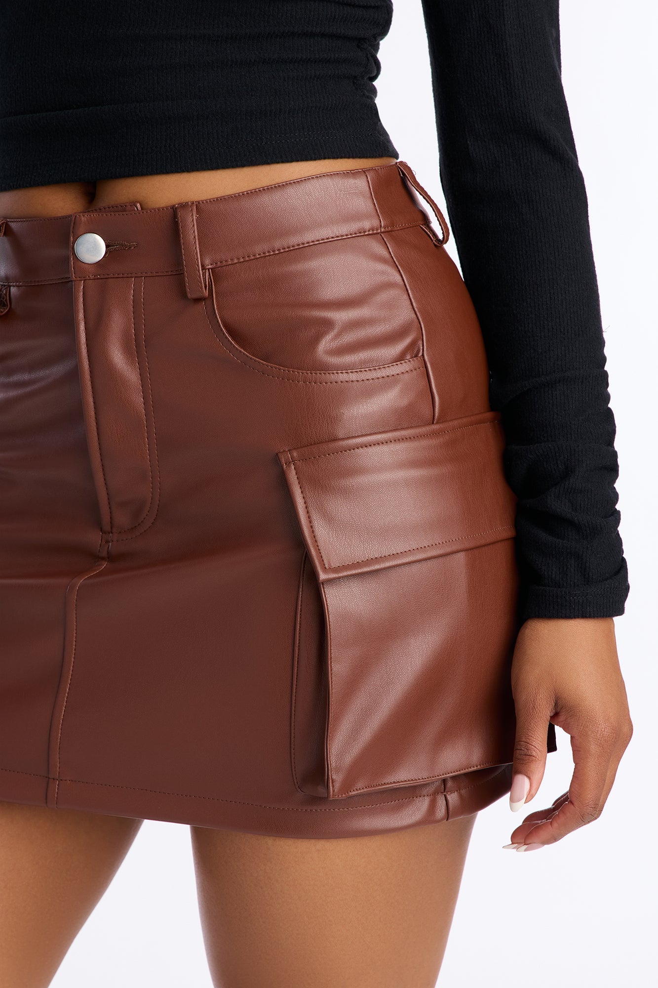 Unmatched Faux Leather Cargo Skirt - Chocolate