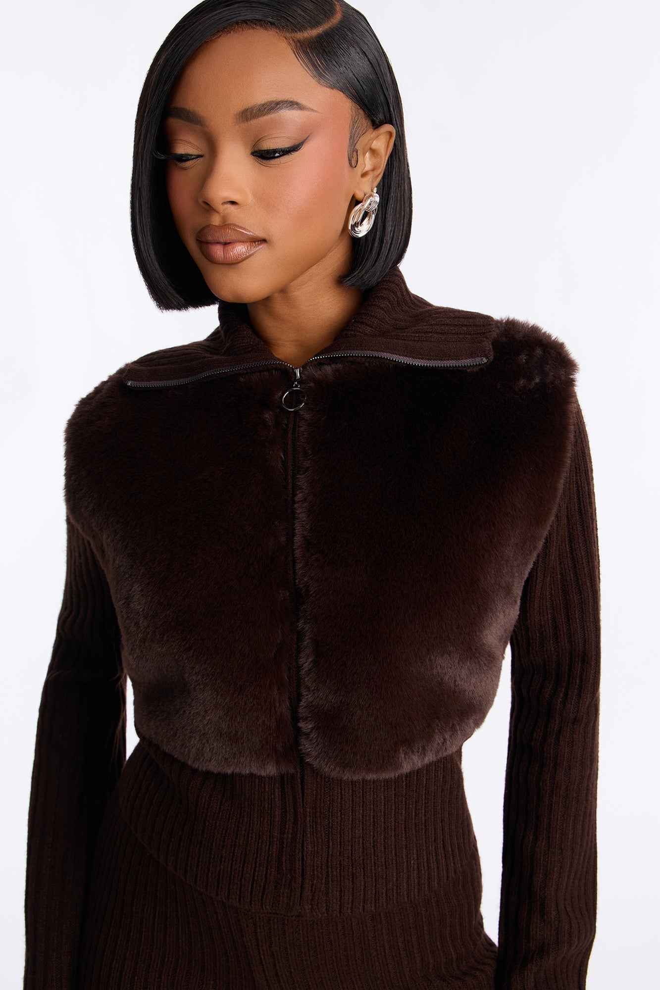 Nina Fur Trim Flare Leg Pant Set - Chocolate